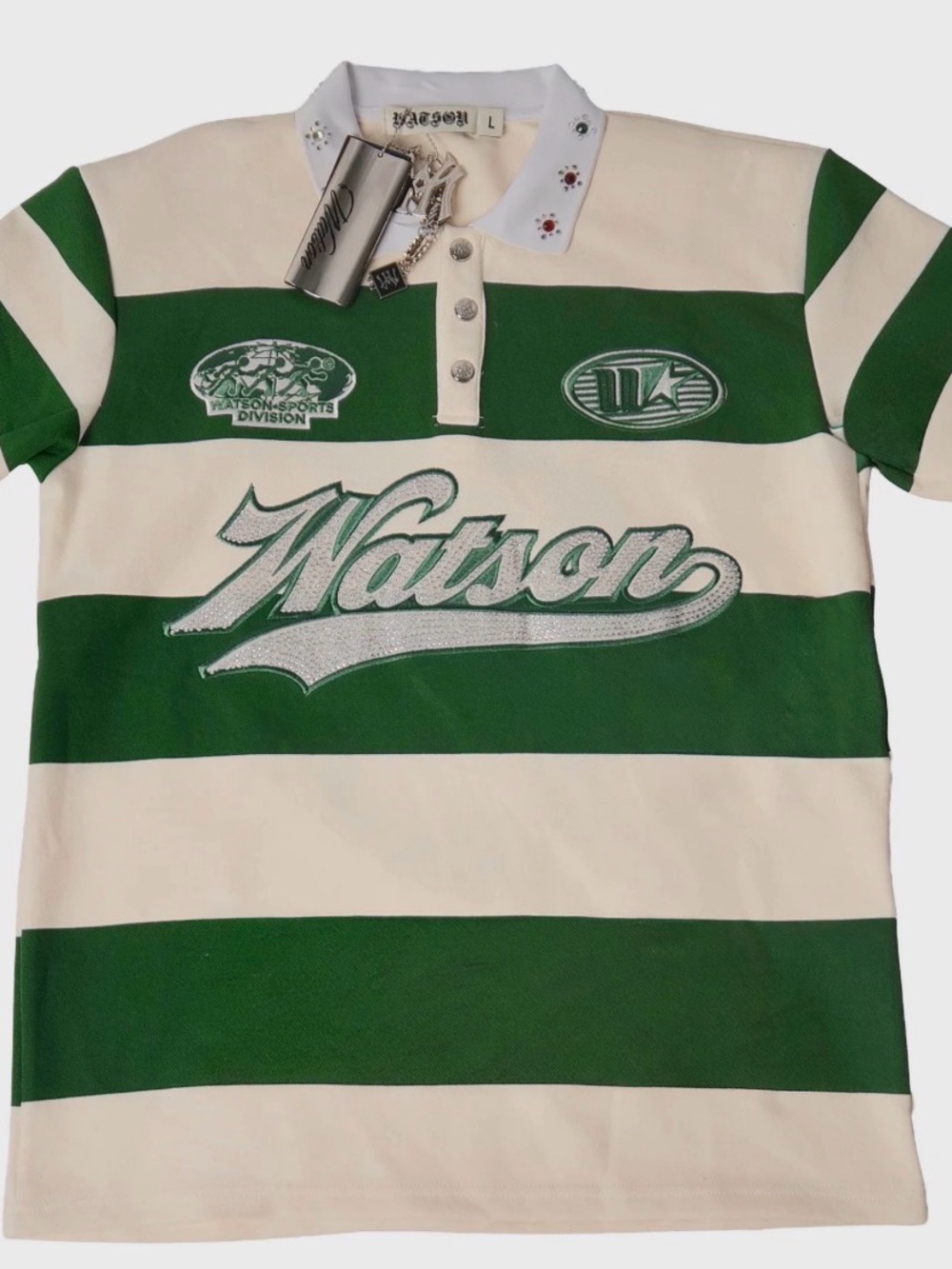❇️👕❇️ Watson Green  & Cream Striped Rhinestone Polo - S - Picture 4 of 7